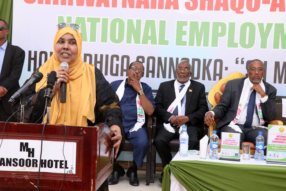 Somaliland Minister of Labor and Social Affairs Hindu Jama Gani speaking at the employment conference has Underlined on the finalization of the national employment policy.