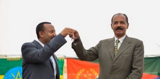 Eritrean President Isaias Afwerki (R) and Abiy Ahmed, Ethiopian Prime Minister are seen during the re-opening of the Eritrean Embassy in Addis Ababa, capital of Ethiopia, July 16, 2018.(Xinhua/Michael Tewelde)