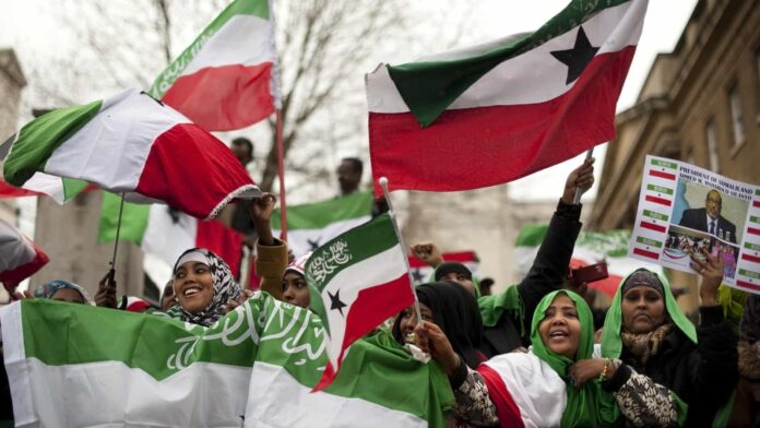 UK-based Somalilanders waving Somaliland flag at a rally near Downing Street in London, United Kingdom, in 2012. Ben Stansall / AFP / Getty