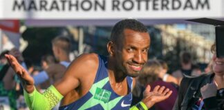 Somali-born Belgian Bashir Abdi celebrates at the finishing line after winning the 2021 Rotterdam Marathon. Photo credit: Courtesy