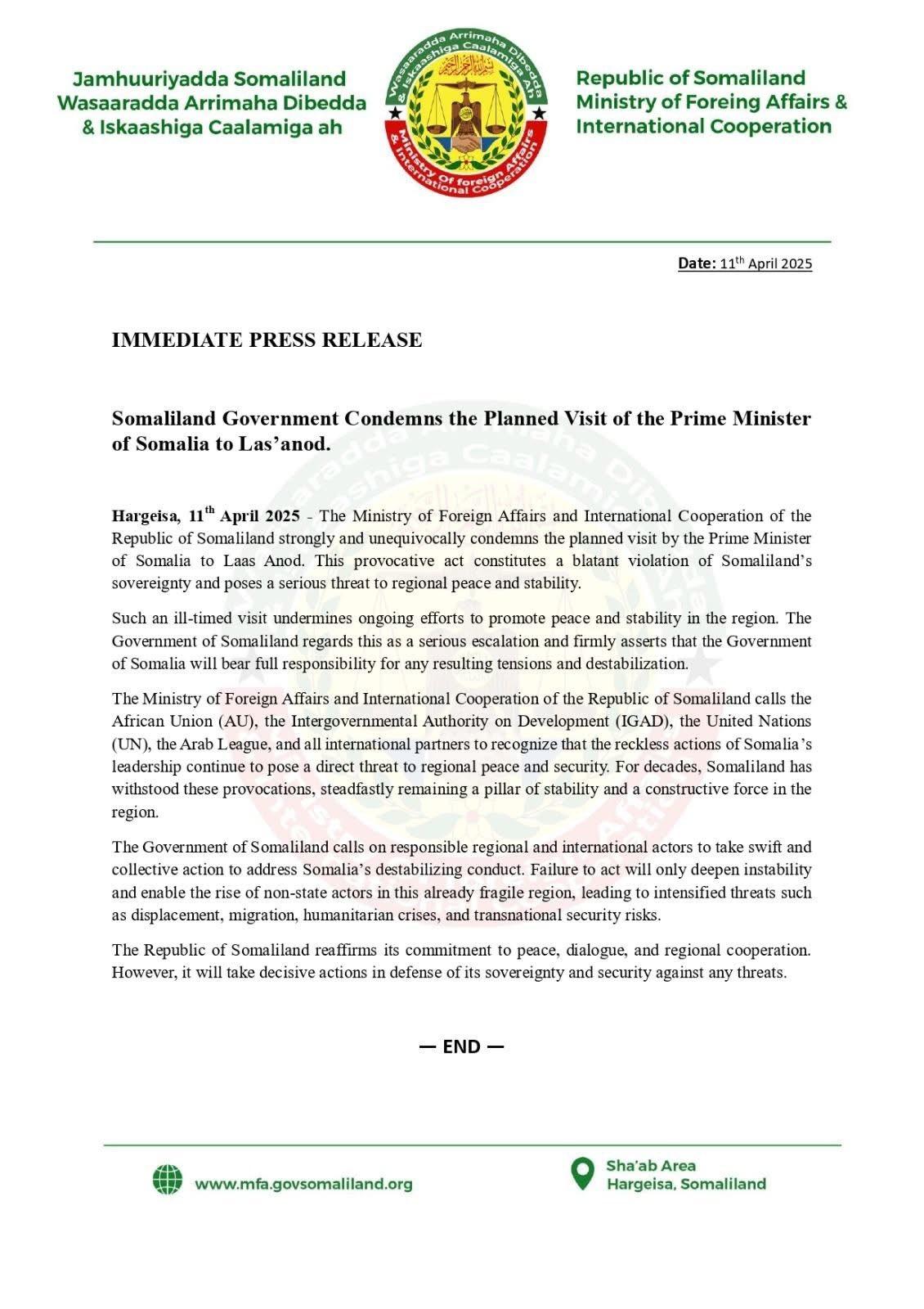 Somaliland Condemns Somalia PM’s Planned Visit to Laas Anod as ‘Provocative and Destabilizing’
